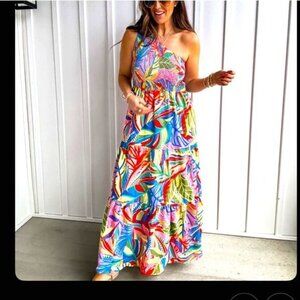 Colorful One-Shoulder Maxi Dress with Vibrant Tropical Print Size Medium